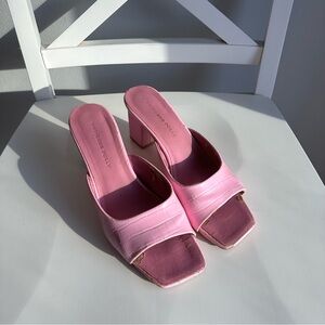 Princess Polly Faux Croc Leather Square Toe Block Heeled Mules in Pink